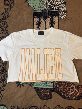 White Malibu Graphic Crop Tee - Orange Print